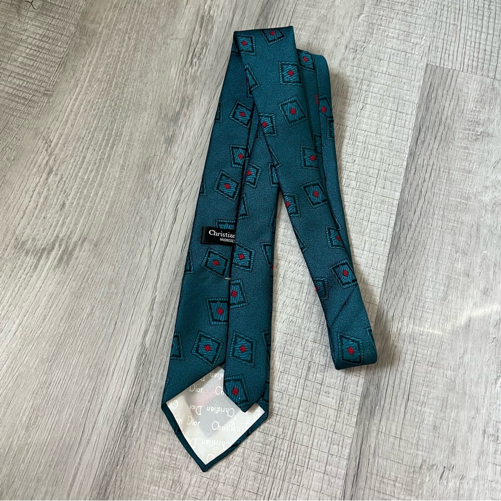 VINTAGE CHRISTIAN DIOR Silk Blend Teal Sheen Tie Pattern - Picture 7 of 10